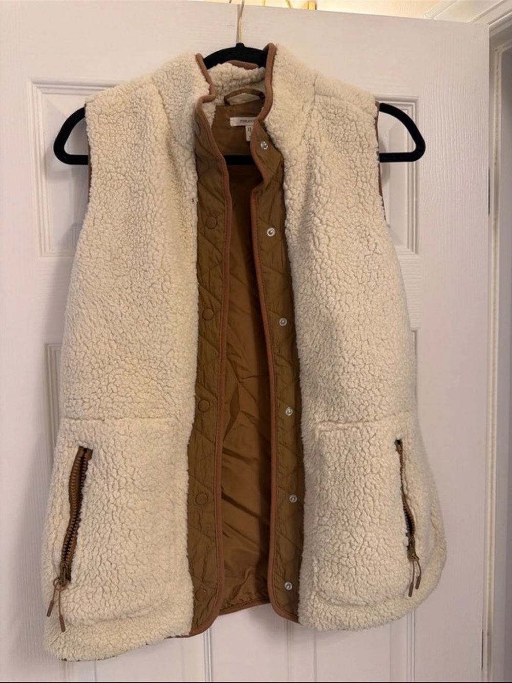 Maurice’s Quilt-Lined Cream Sherpa Vest with Tan Trim